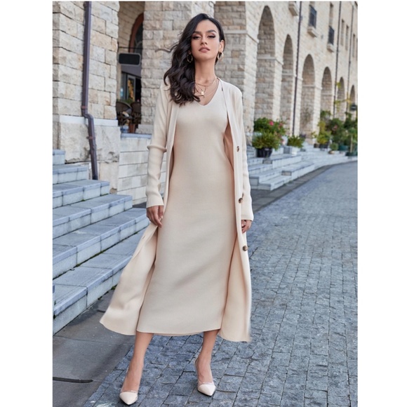 2 Piece Set: Knit Midi Pencil Dress and Long Cardigan Button Through - Picture 6 of 14